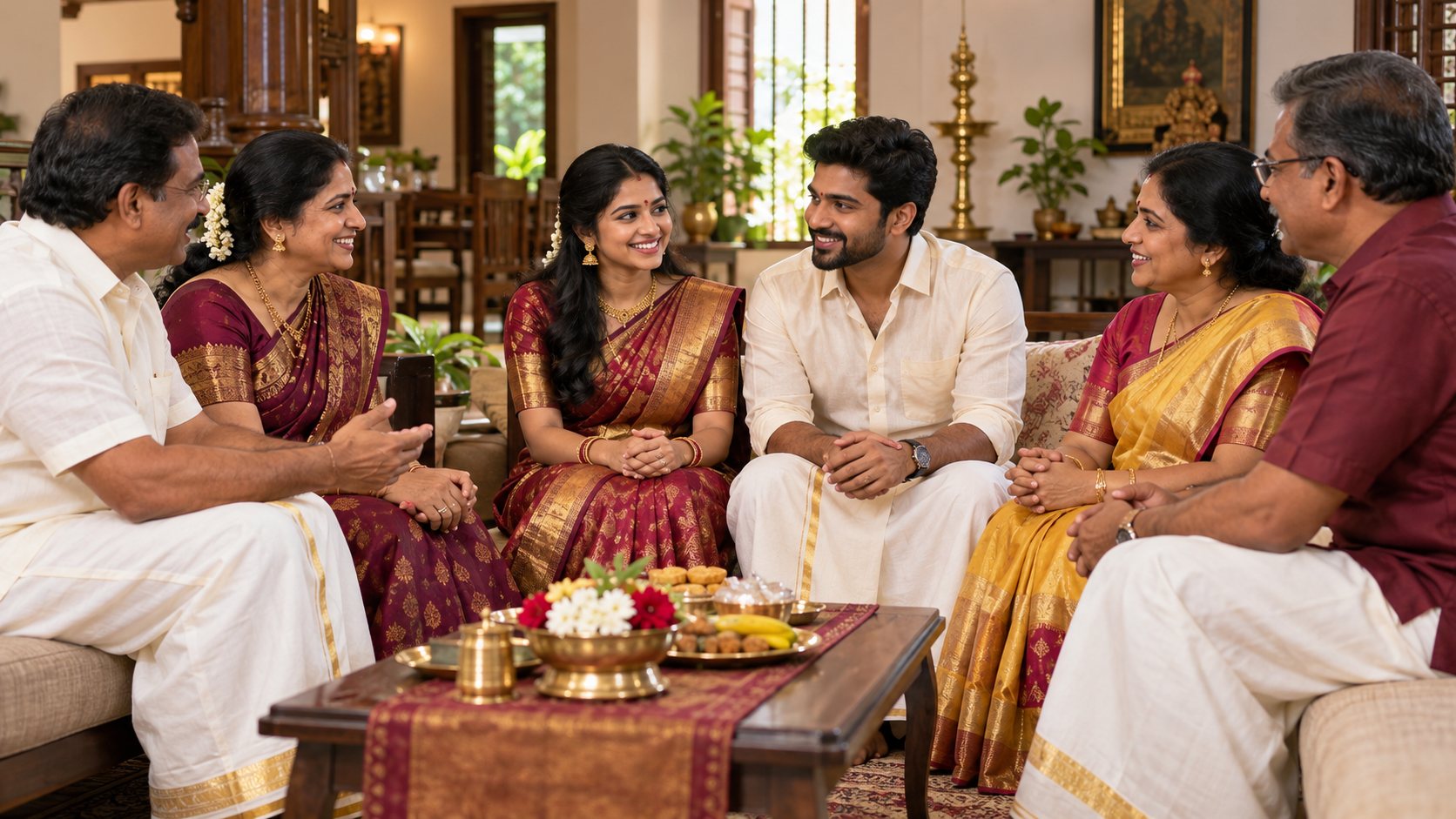 Two families and a couple talking together in a home